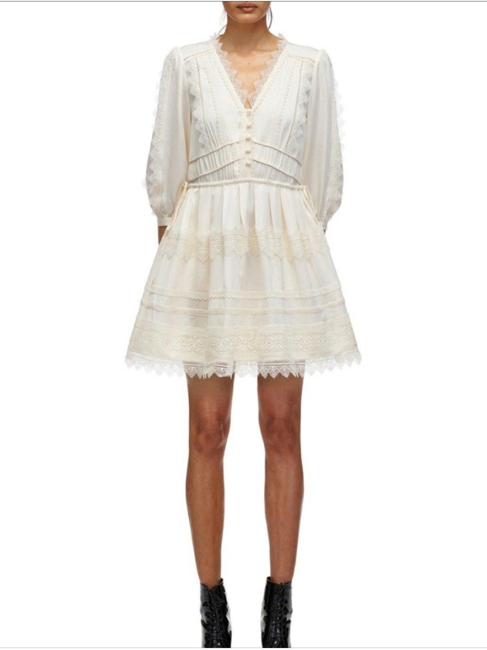Self-Portrait Ivory Lace-Trimmed Mini Dress
